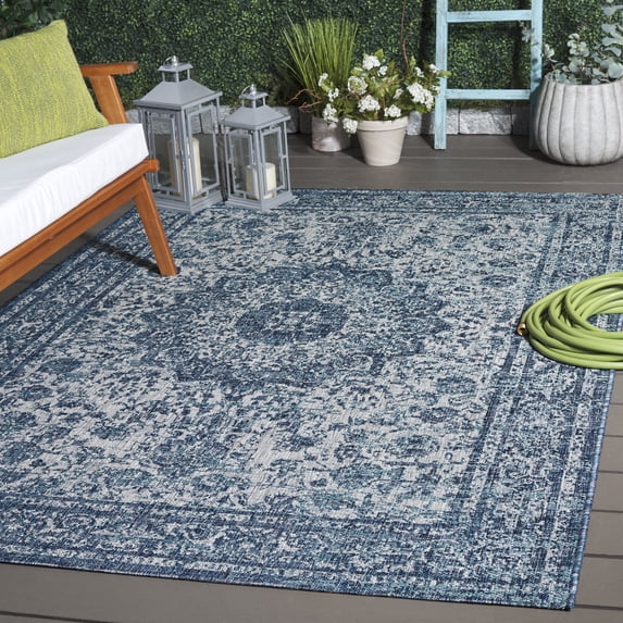 SAFAVIEH Courtyard Aditya Medallion Indoor/Outdoor Area Rug, Navy/Grey, 5'3" x 7'7"