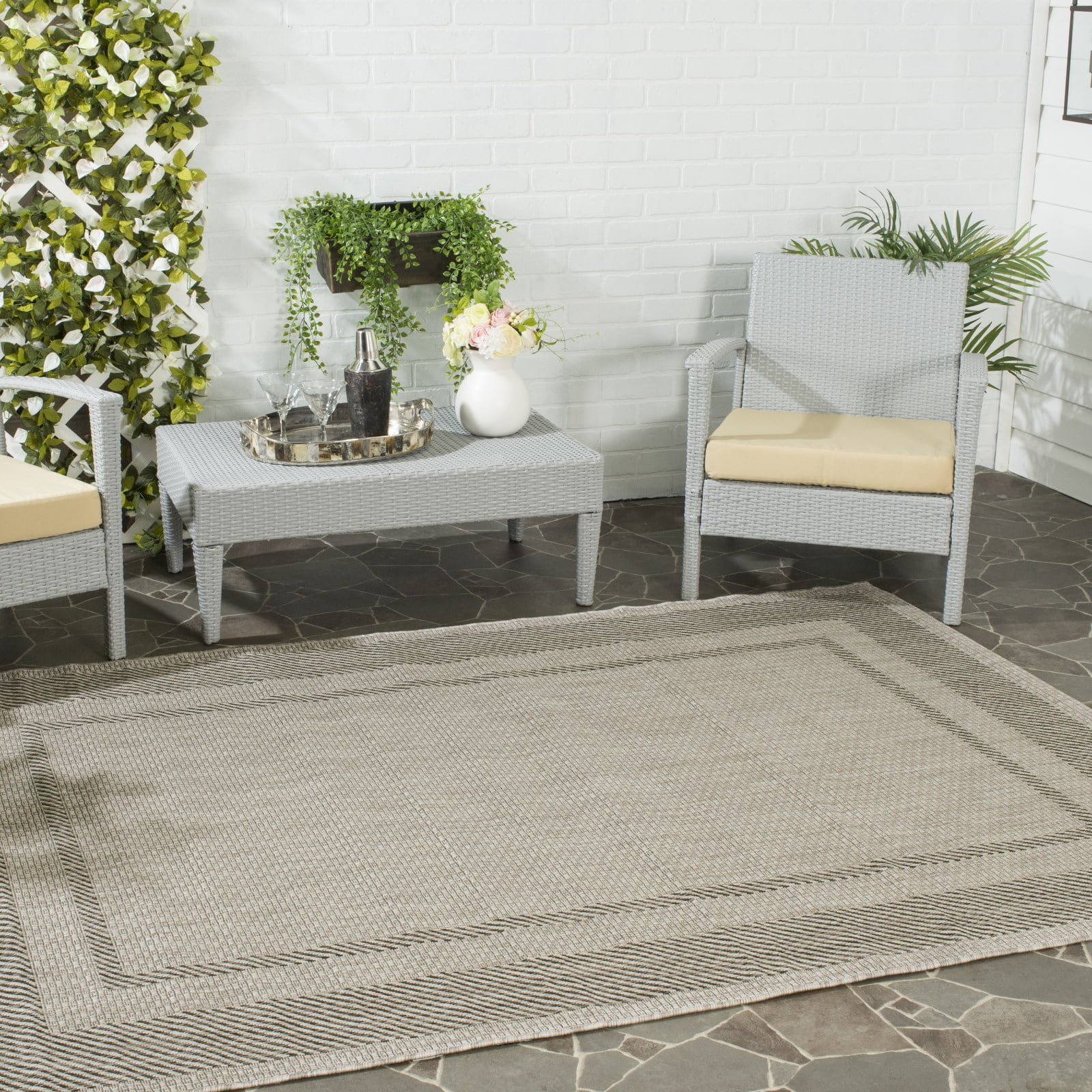 Beige and Black Square Synthetic Indoor/Outdoor Area Rug