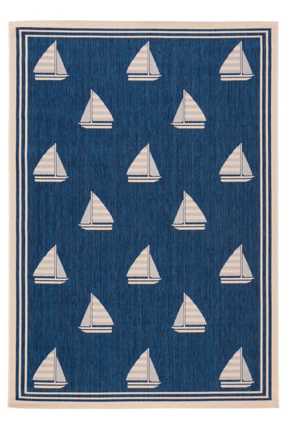 Courtyard Ainsley Sailboat Indoor/Outdoor Area Rug, Navy/Beige, 5'3" x 7'7"