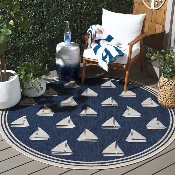 Safavieh Courtyard Ainsley Sailboat Indoor/Outdoor Area Rug, Navy/Beige, 6'7" x 6'7" Round