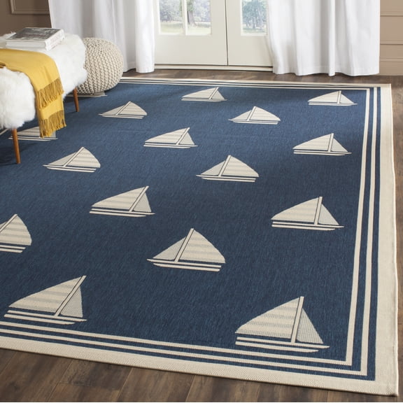 Safavieh Courtyard Ainsley Sailboat Indoor/Outdoor Area Rug, Navy/Beige, 6'7" x 6'7" Square
