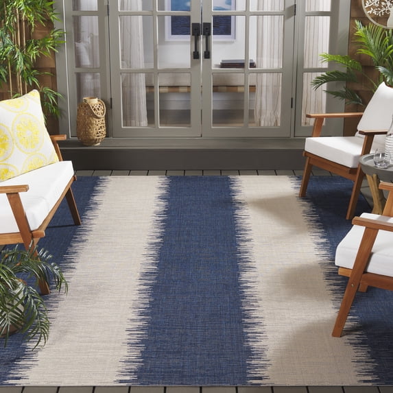 SAFAVIEH Courtyard Alexa Striped Indoor/Outdoor Area Rug, Beige/Navy, 8' x 11'