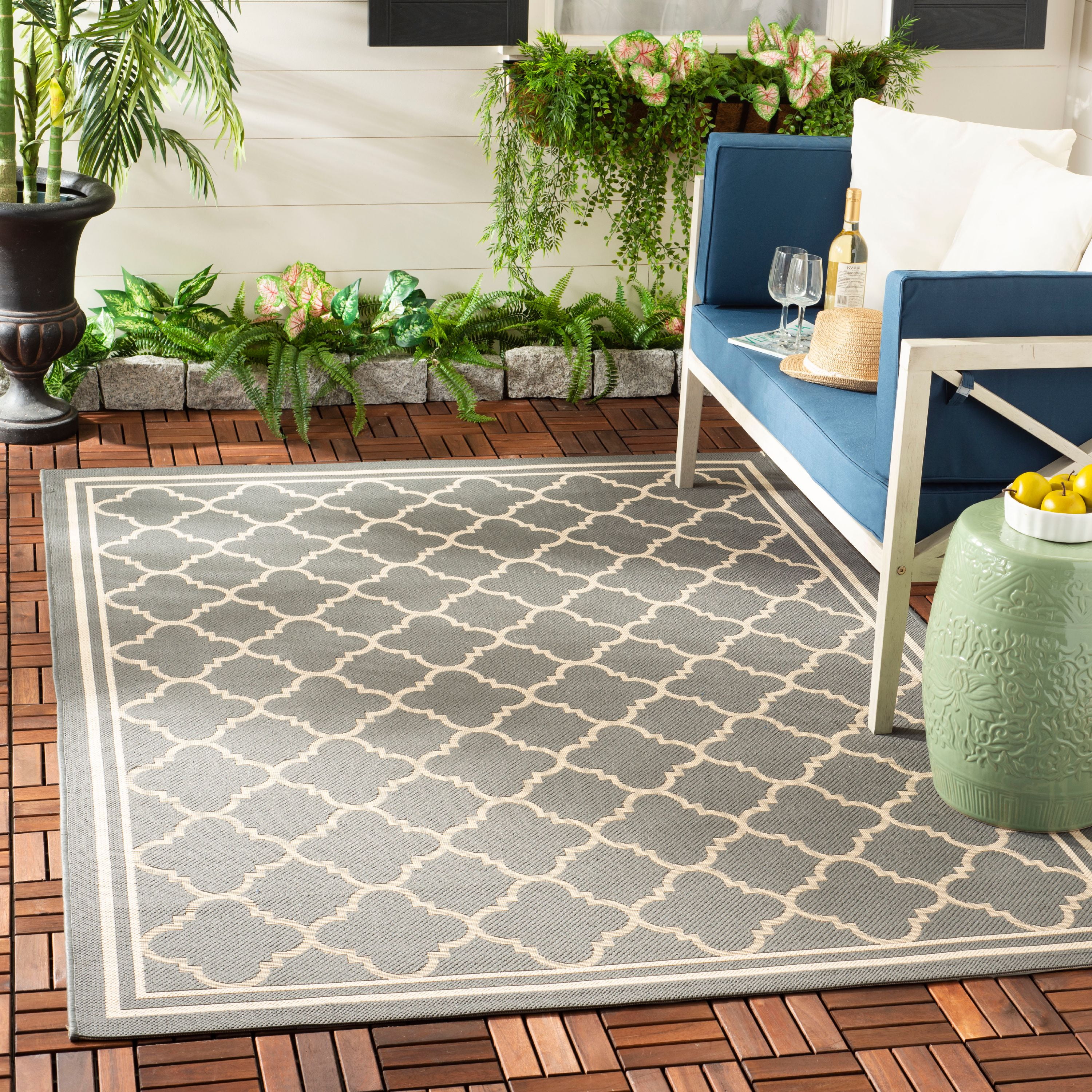 SAFAVIEH Courtyard Alina Geometric Indoor/Outdoor Area Rug, 6'7" x 6'7" Square, Anthracite/Beige