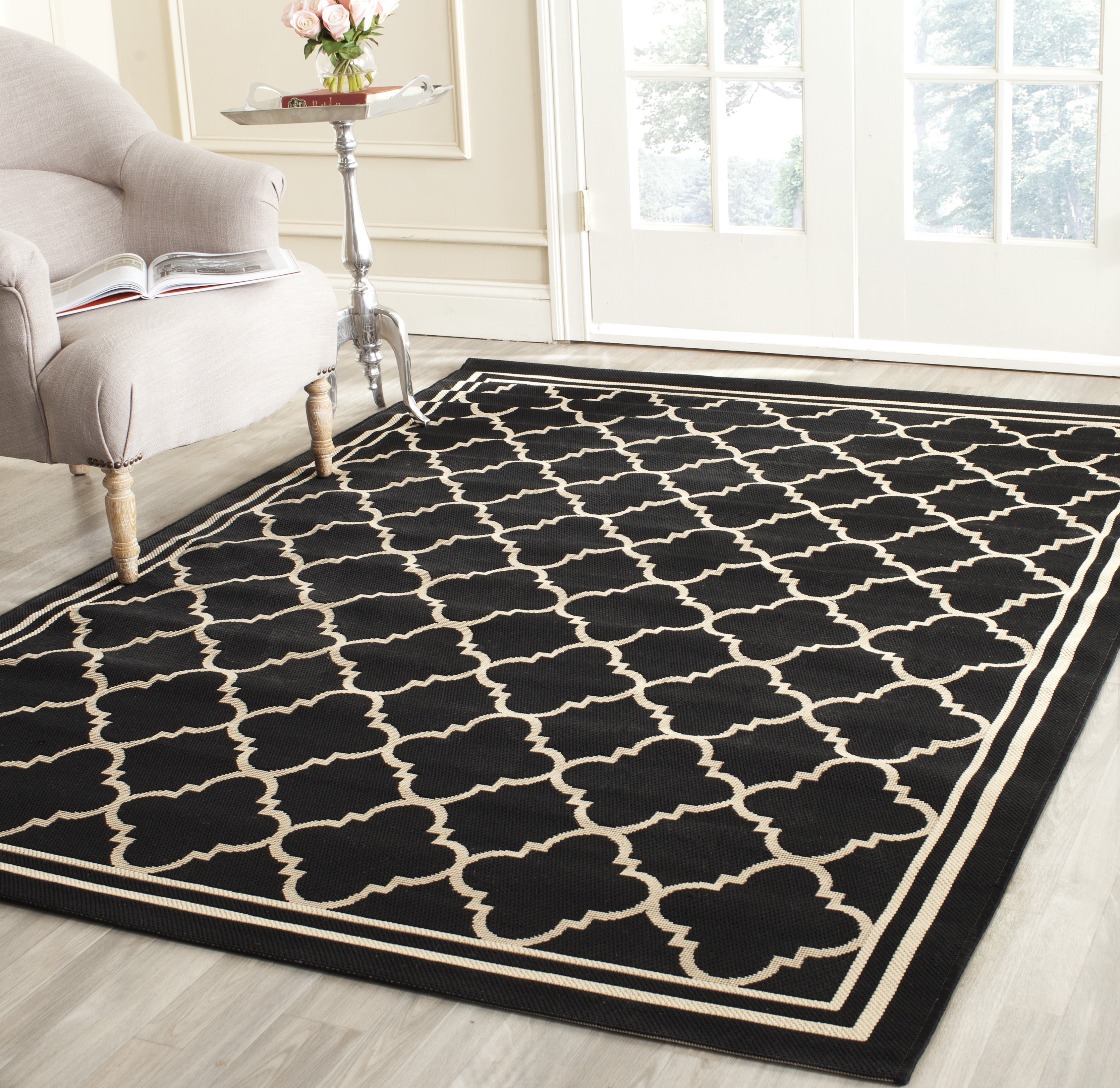 Black and Beige Geometric Outdoor Area Rug 6'7" x 9'6"