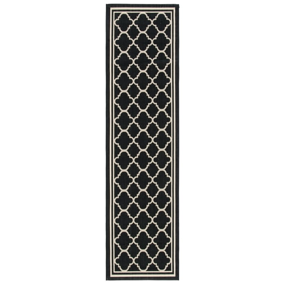 SAFAVIEH Courtyard Alina Geometric Quatrefoil Indoor/Outdoor Runner Rug, Black/Beige, 2'3" x 14'