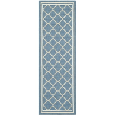 SAFAVIEH Courtyard Alina Geometric Quatrefoil Indoor/Outdoor Runner Rug, Blue/Beige, 2'3" x 20'