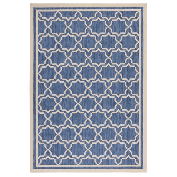 SAFAVIEH Courtyard Allison Geometric Bordered Indoor/Outdoor Area Rug, 4' x 5'7", Blue/Beige