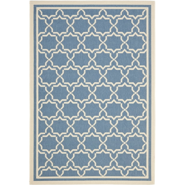 SAFAVIEH Courtyard Allison Geometric Bordered Indoor/Outdoor Area Rug, 4' x 5'7", Blue/Beige