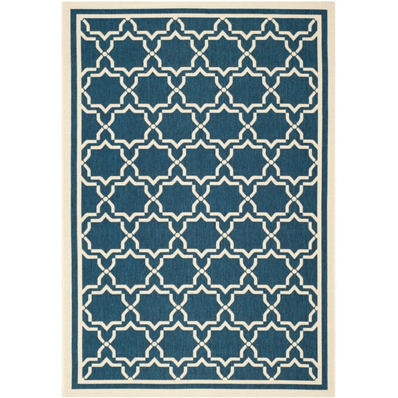 SAFAVIEH Courtyard Allison Geometric Bordered Indoor/Outdoor Area Rug, 4' x 5'7", Navy/Beige