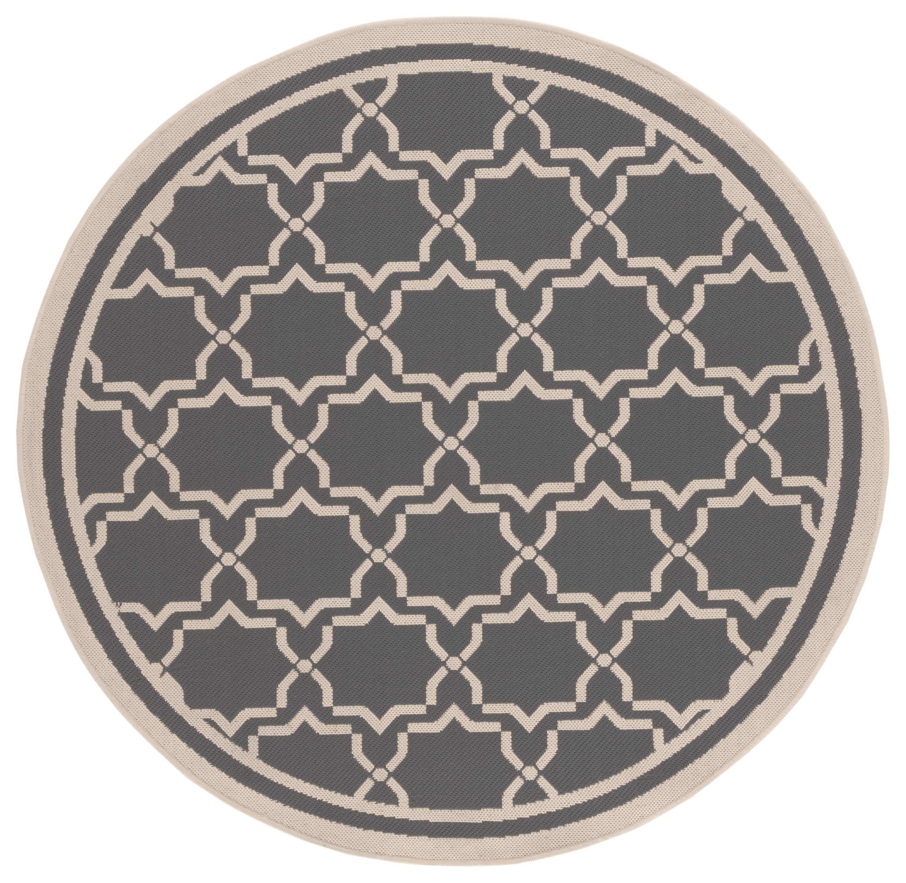 SAFAVIEH Courtyard Allison Geometric Bordered Indoor/Outdoor Area Rug, 5'3" x 5'3" Round, Anthracite/Beige