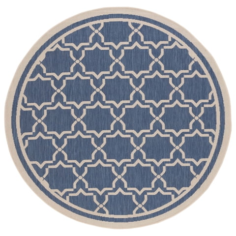SAFAVIEH Courtyard Allison Geometric Bordered Indoor/Outdoor Area Rug, 5'3" x 5'3" Round, Blue/Beige
