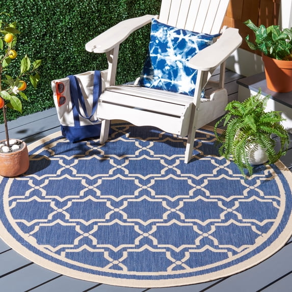 SAFAVIEH Courtyard Allison Geometric Bordered Indoor/Outdoor Area Rug, 5'3" x 5'3" Round, Blue/Beige