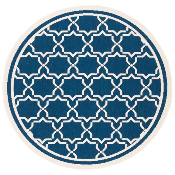 SAFAVIEH Courtyard Allison Geometric Bordered Indoor/Outdoor Area Rug, 5'3" x 5'3" Round, Navy/Beige