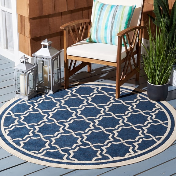 SAFAVIEH Courtyard Allison Geometric Bordered Indoor/Outdoor Area Rug, 5'3" x 5'3" Round, Navy/Beige