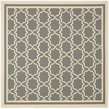 SAFAVIEH Courtyard Allison Geometric Bordered Indoor/Outdoor Area Rug, 5'3" x 5'3" Square, Anthracite/Beige