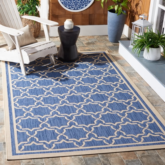 SAFAVIEH Courtyard Allison Geometric Bordered Indoor/Outdoor Area Rug, 6'7" x 6'7" Square, Blue/Beige