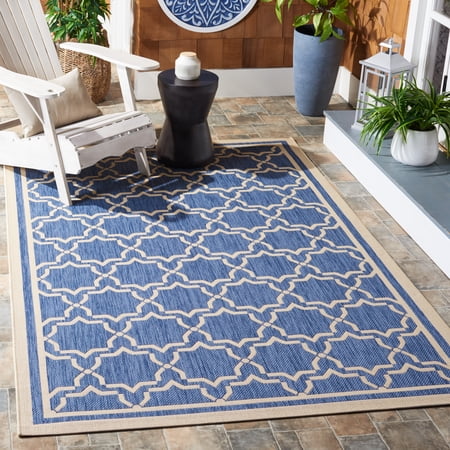 SAFAVIEH Courtyard Allison Geometric Bordered Indoor/Outdoor Area Rug, 9' x 12', Blue/Beige