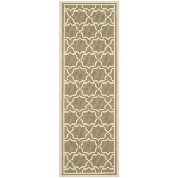 SAFAVIEH Courtyard Allison Geometric Bordered Indoor/Outdoor Runner Rug, 2'3" x 6'7", Green/Beige