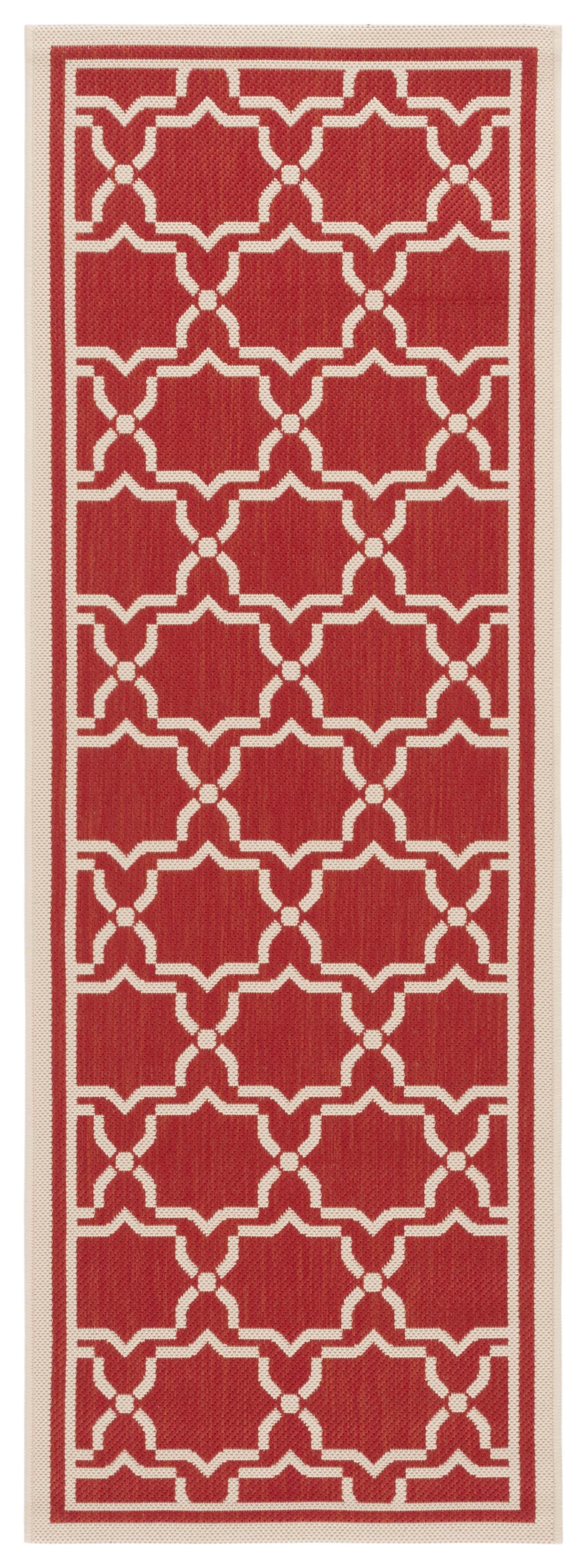 SAFAVIEH Courtyard Allison Geometric Bordered Indoor/Outdoor Runner Rug, 2'3" x 8', Red/Bone