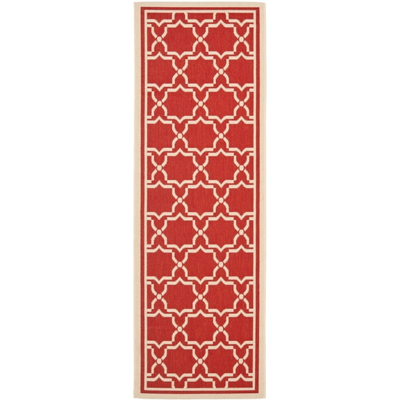 SAFAVIEH Courtyard Allison Geometric Bordered Indoor/Outdoor Runner Rug, 2'3" x 8', Red/Bone