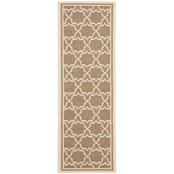 SAFAVIEH Courtyard Allison Geometric Bordered Indoor/Outdoor Runner Rug, 2'4" x 12', Brown/Bone