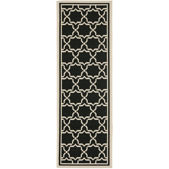 SAFAVIEH Courtyard Allison Geometric Bordered Indoor/Outdoor Runner Rug, 2'4" x 14', Black/Beige