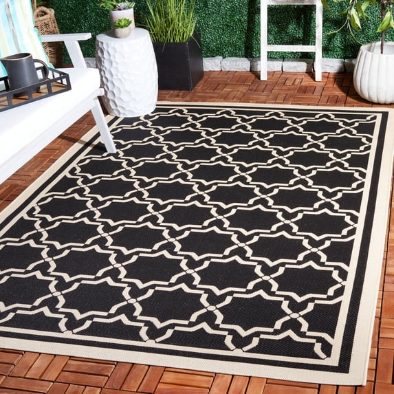 SAFAVIEH Courtyard Allison Oriental Indoor/Outdoor Area Rug, Black/Beige, 5'3" x 7'7"