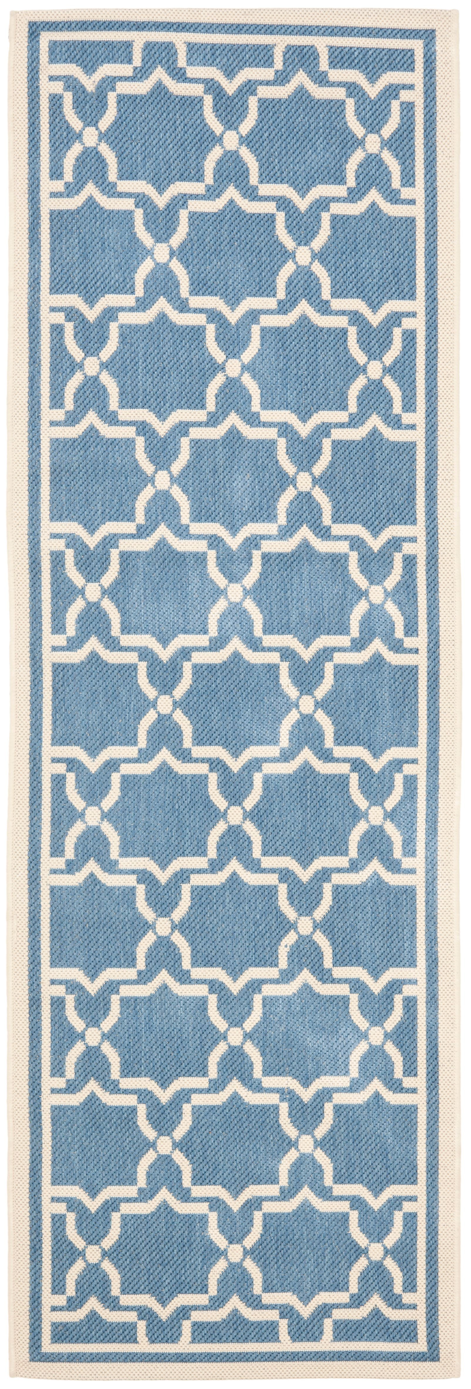 Blue and Beige Geometric 27''x14'' Synthetic Indoor/Outdoor Runner Rug