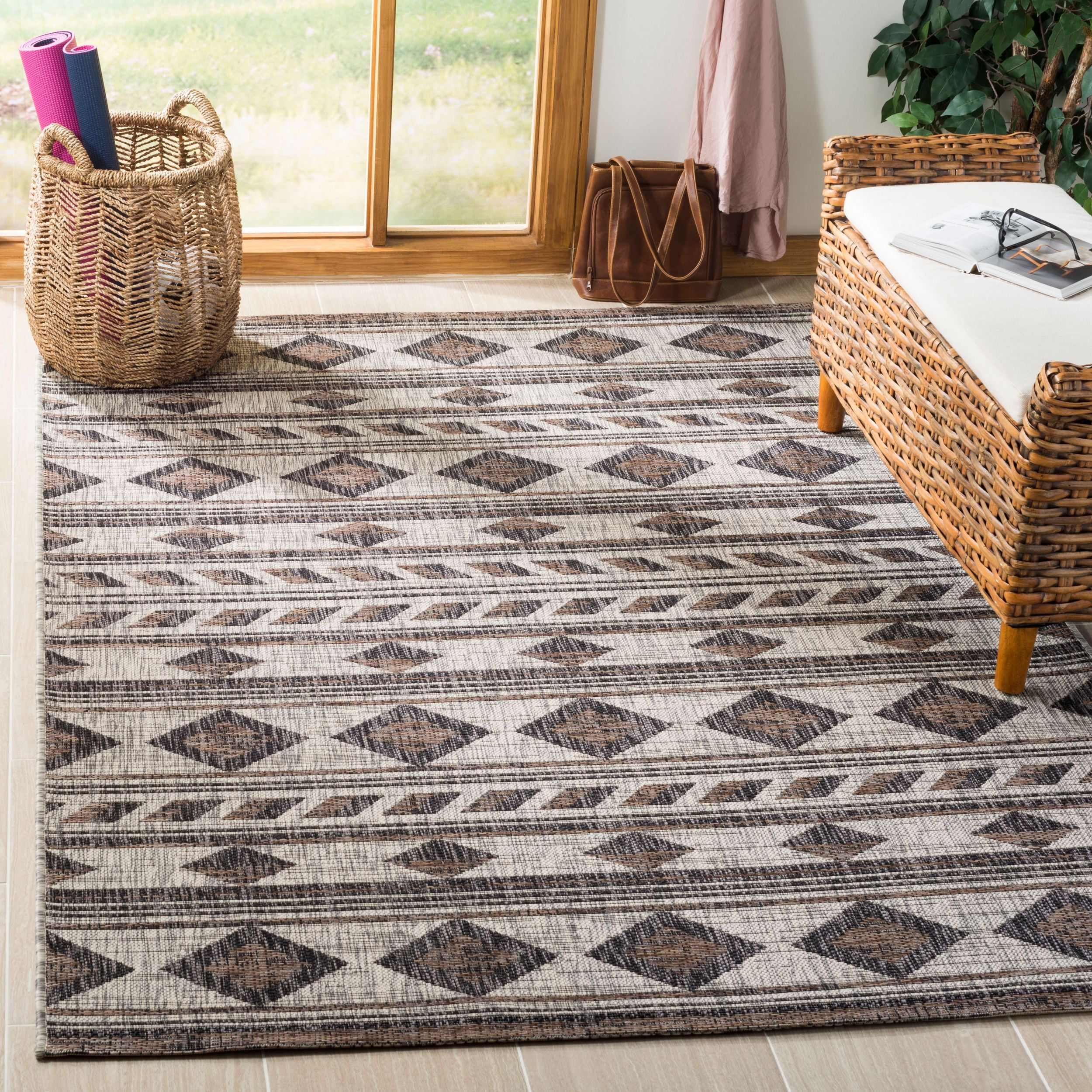 Grey and Black Square Synthetic Indoor/Outdoor Rug