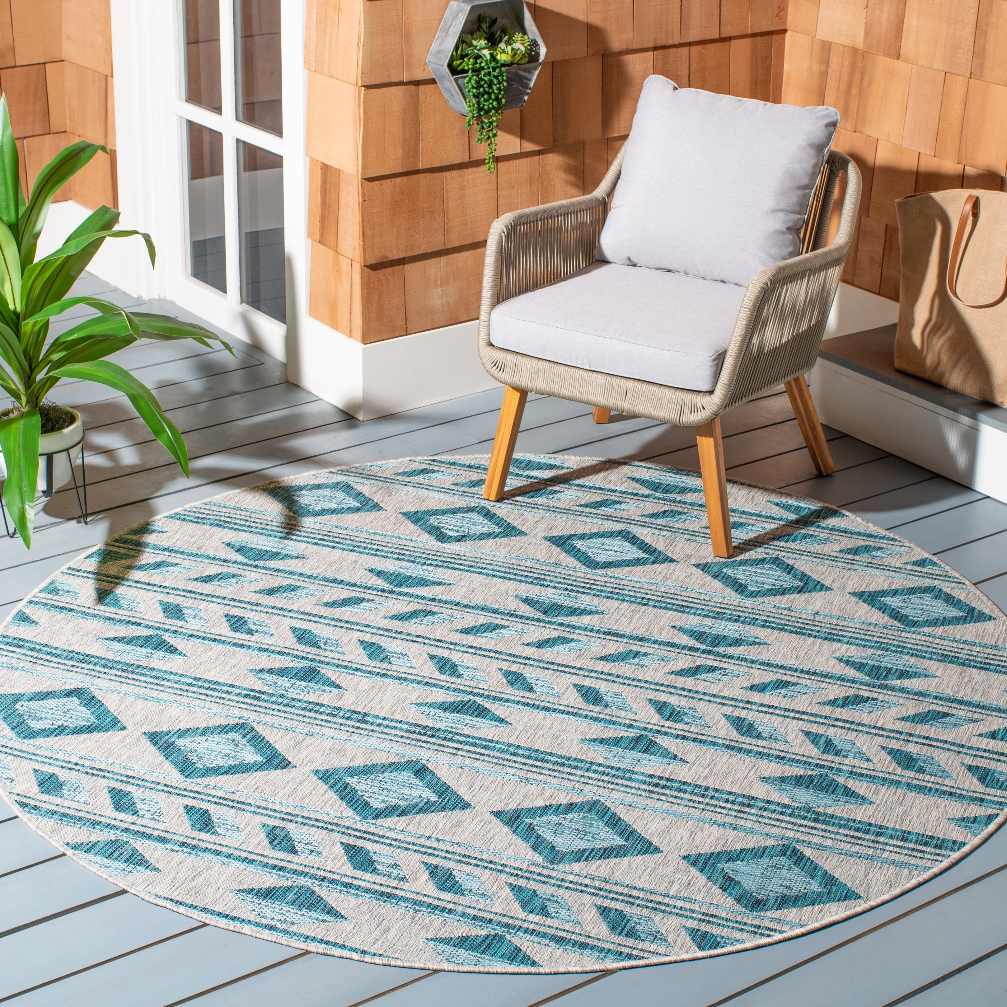 Safavieh Courtyard Allycia Geometric Indoor/Outdoor Area Rug, Gray/Teal, 6'7" x 6'7" Round