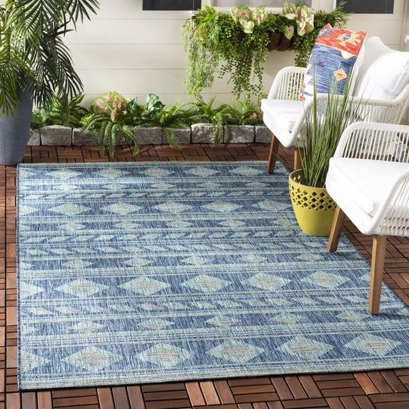 Safavieh Courtyard Allycia Geometric Indoor/Outdoor Area Rug, Navy/Aqua, 6'7" x 9'6"