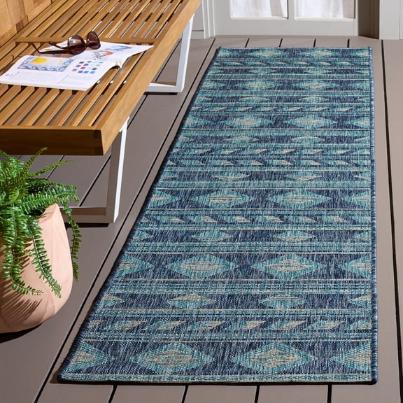 Safavieh Courtyard Allycia Geometric Indoor/Outdoor Runner Rug, Navy/Aqua, 2'3" x 12'
