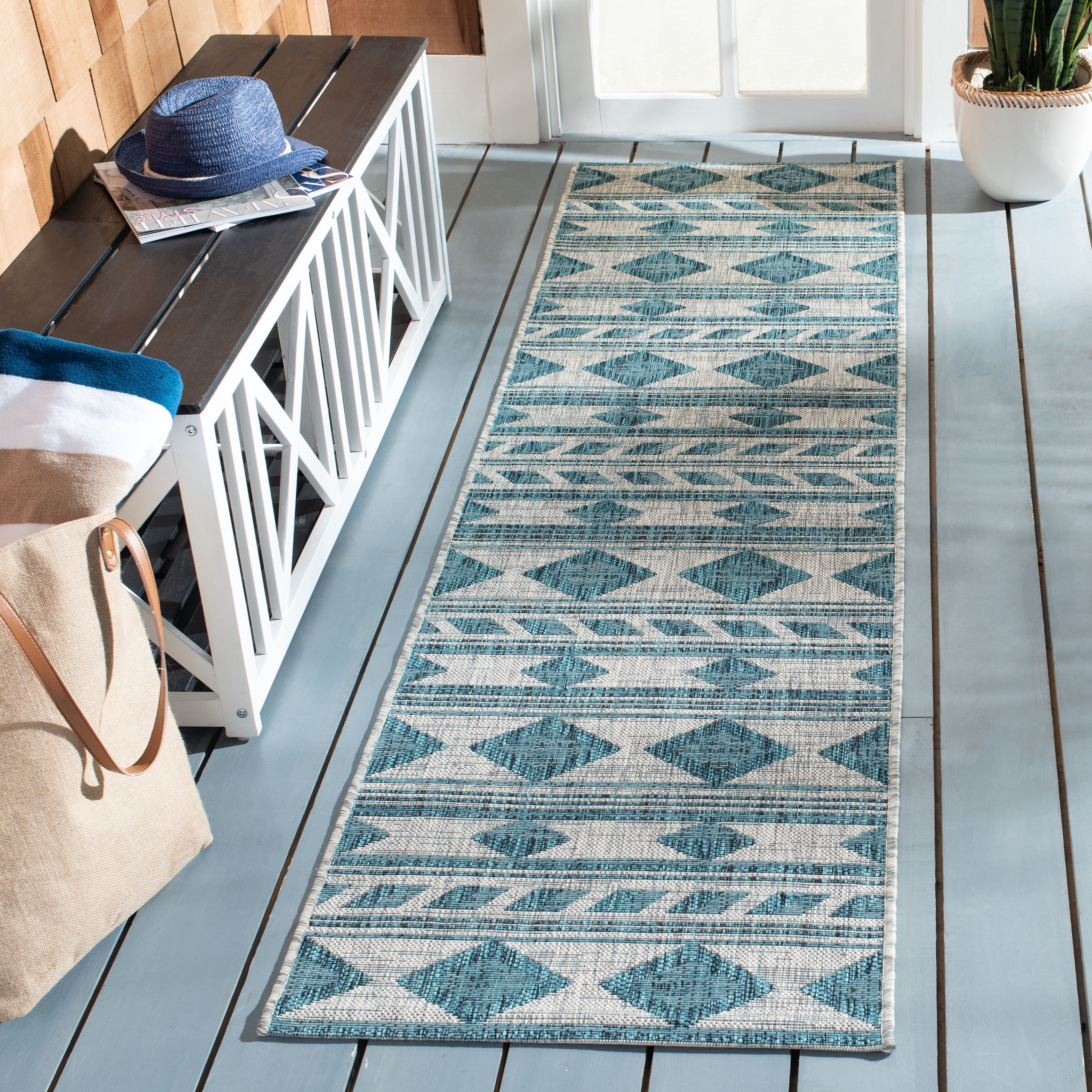 Safavieh Courtyard Allycia Geometric Indoor/Outdoor Runner Rug, Gray/Teal, 2'3" x 8'