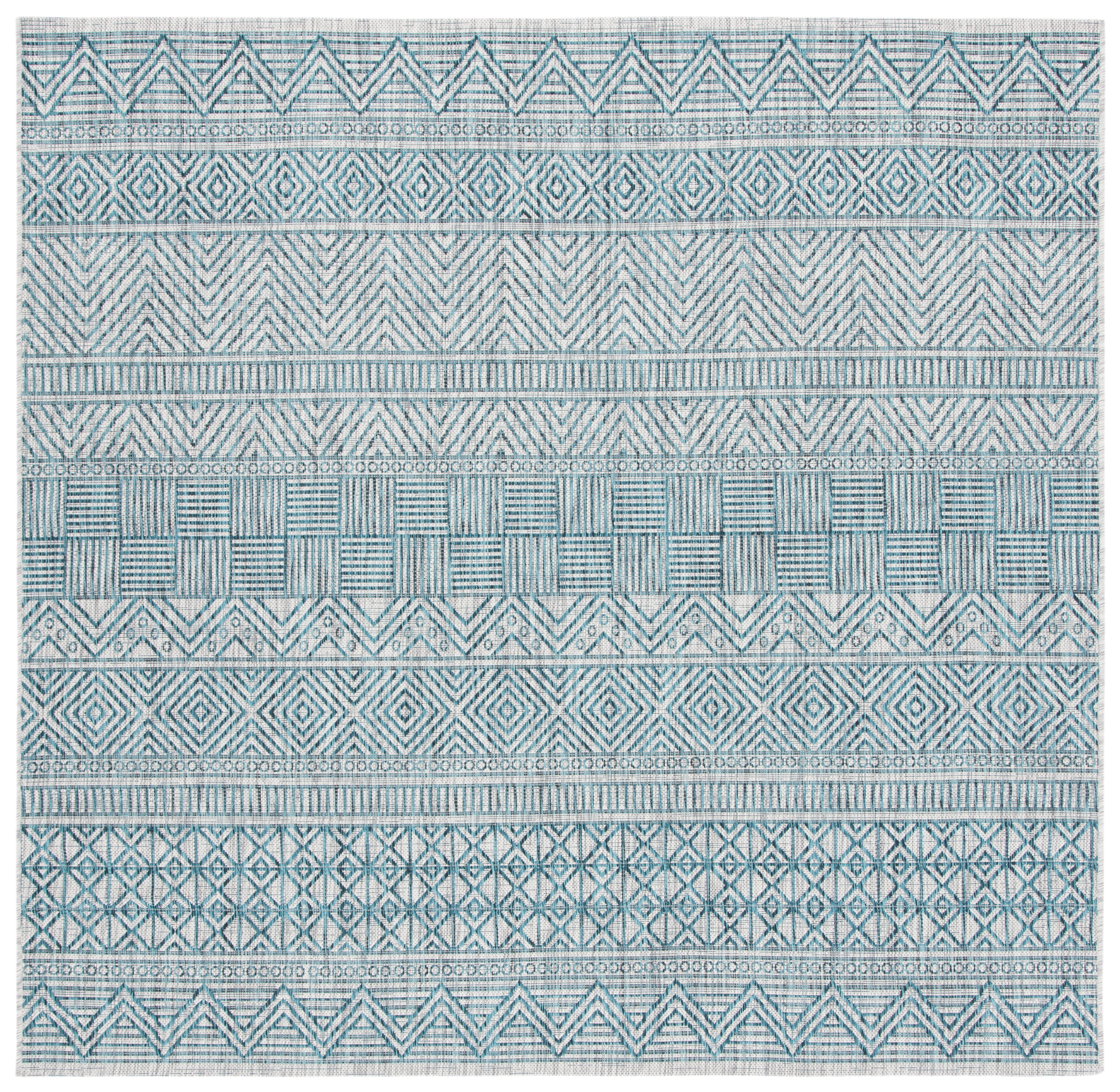 Grey and Teal Square Synthetic Indoor/Outdoor Rug