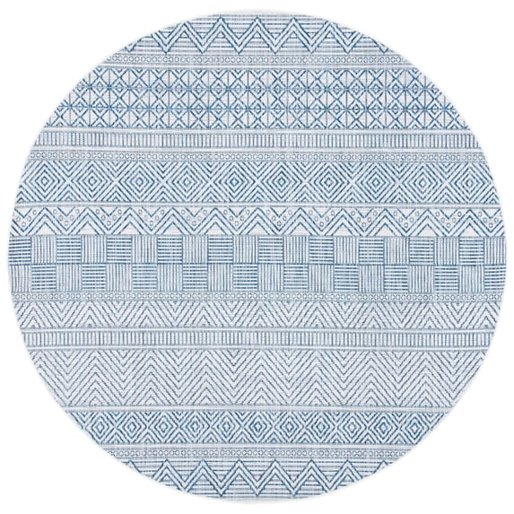SAFAVIEH Courtyard Altan Geometric Indoor/Outdoor Area Rug, Ivory/Navy, 6'7" x 6'7" Round