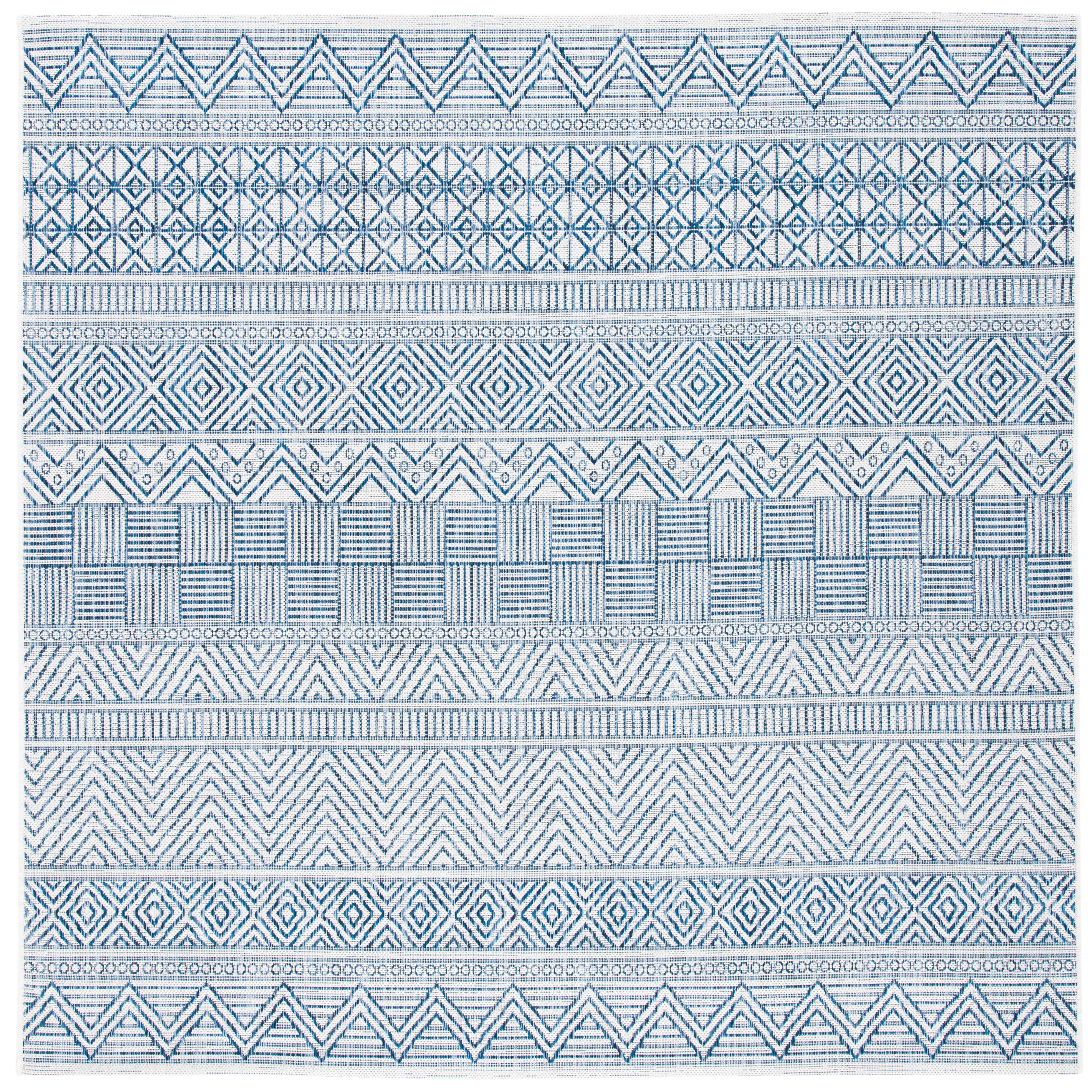 SAFAVIEH Courtyard Altan Geometric Indoor/Outdoor Area Rug, Ivory/Navy, 6'7" x 6'7" Square