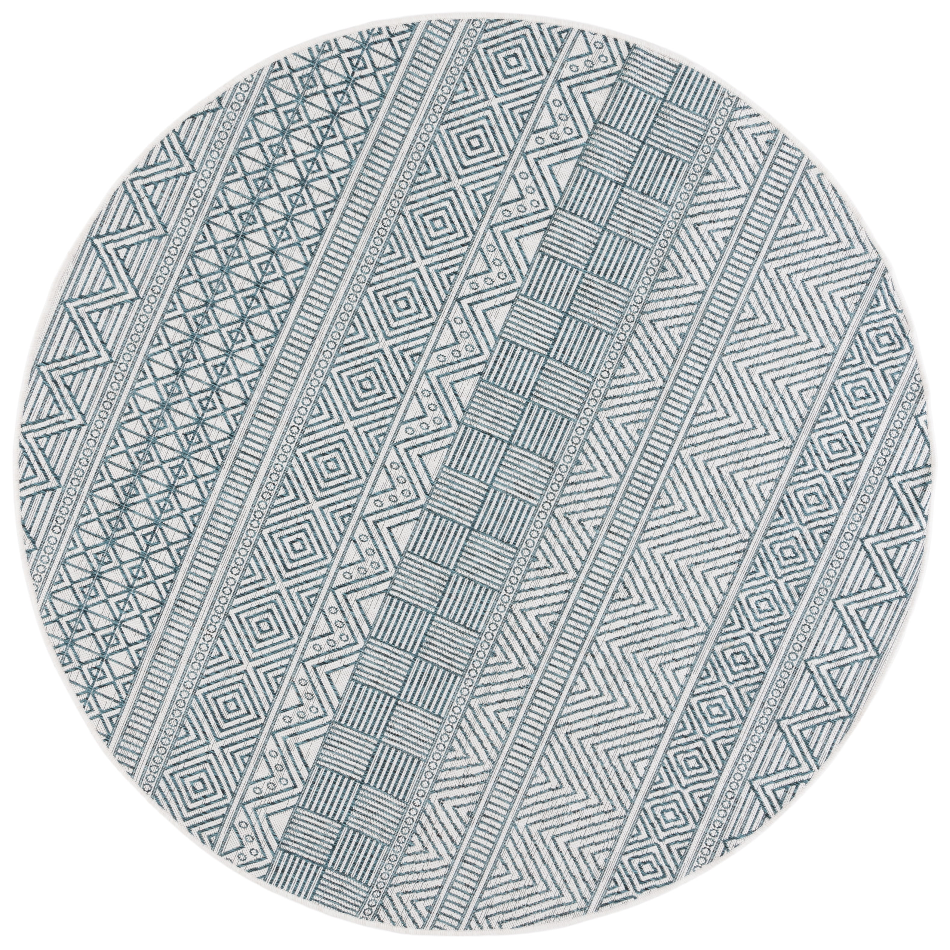 SAFAVIEH Courtyard Altan Geometric Indoor/Outdoor Area Rug, Ivory/Turquoise, 6'7" x 6'7" Round