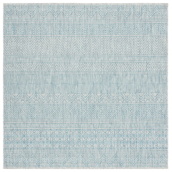 SAFAVIEH Courtyard Altan Geometric Indoor/Outdoor Area Rug, Light Grey/Aqua, 6'7" x 6'7" Square