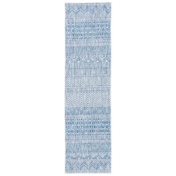 SAFAVIEH Courtyard Altan Geometric Indoor/Outdoor Runner Rug, Grey/Navy, 2'3" x 8'