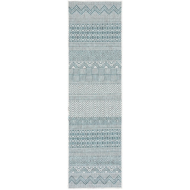 SAFAVIEH Courtyard Altan Geometric Indoor/Outdoor Runner Rug, Ivory/Turquoise, 2'3" x 8'