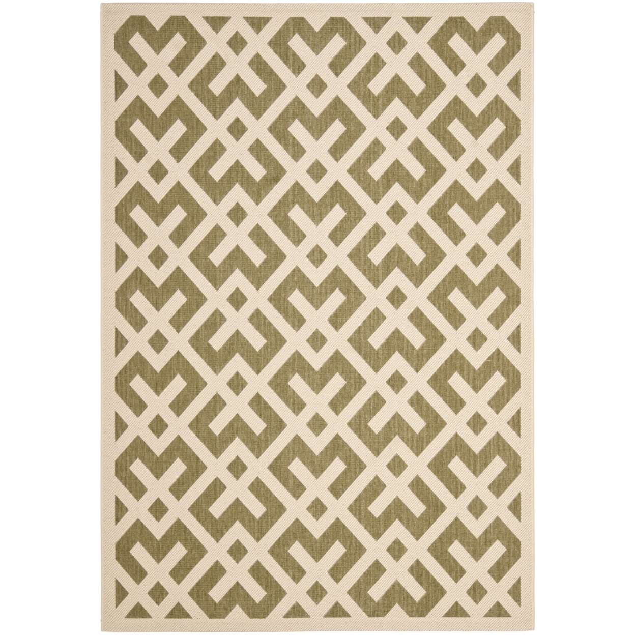 Green and Bone Geometric Synthetic Outdoor Area Rug