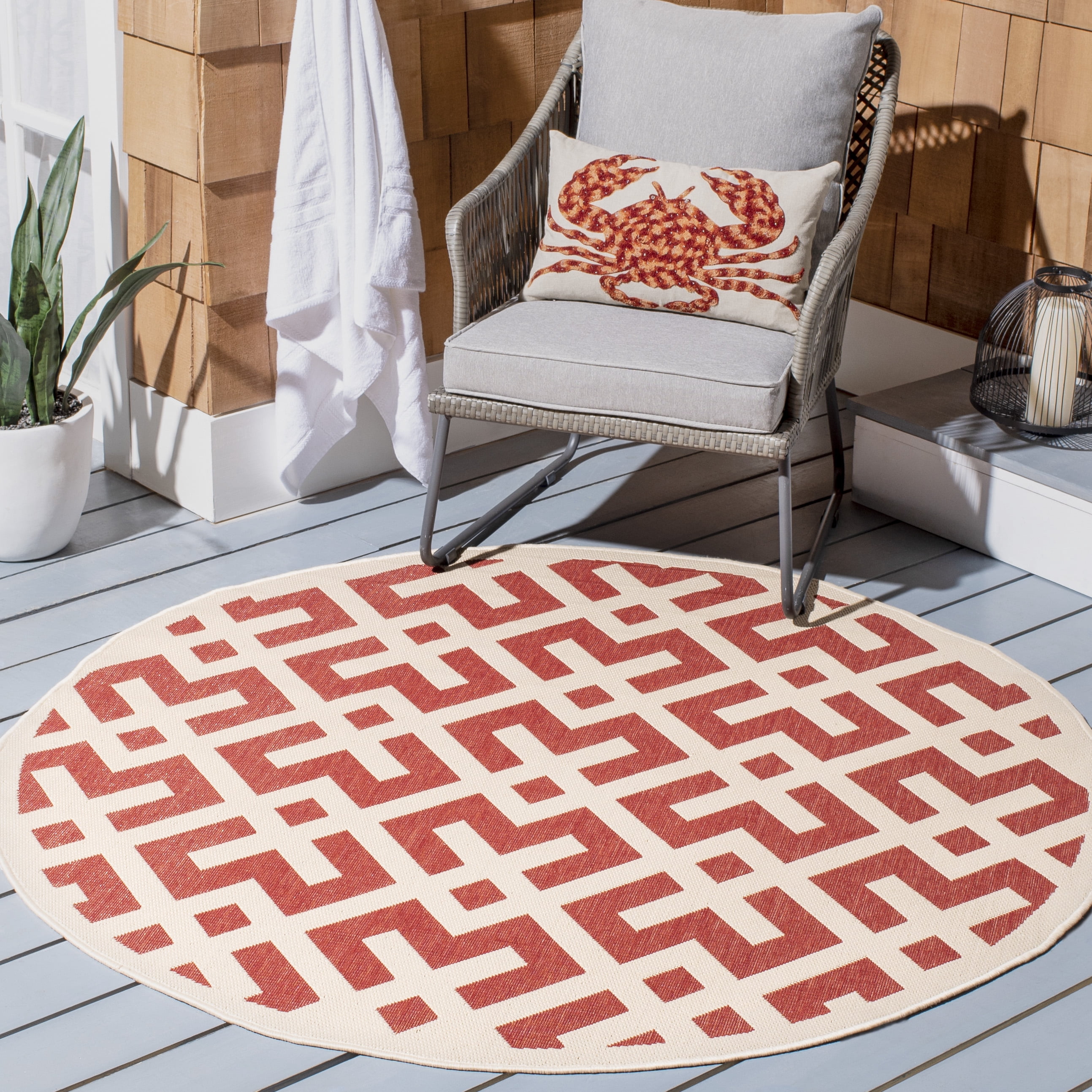 Safavieh Courtyard Alvin Geometric Indoor/Outdoor Area Rug, Red/Bone, 5'3" x 5'3" Round