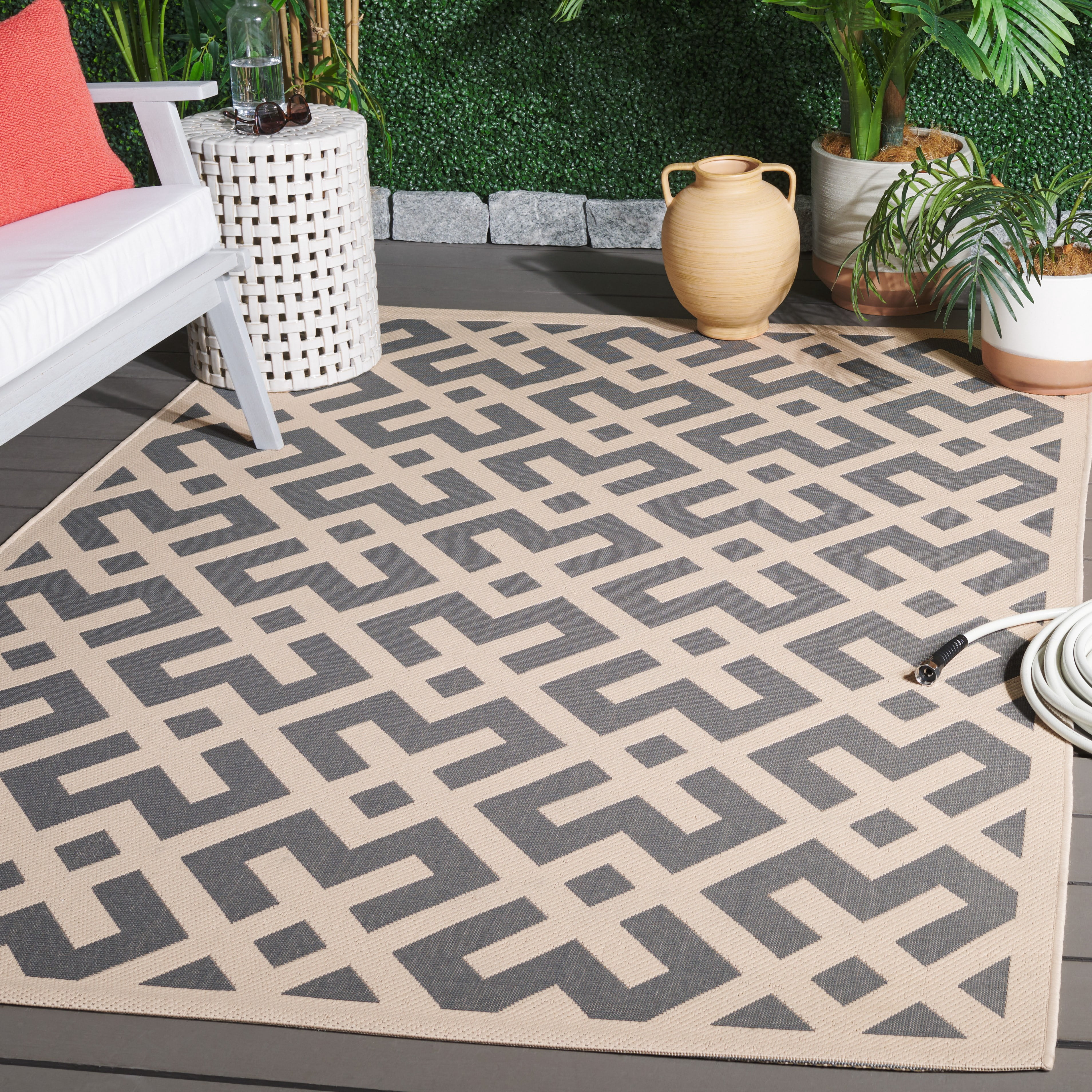 Safavieh Courtyard Alvin Geometric Indoor/Outdoor Area Rug, Gray/Bone, 5'3" x 5'3" Square