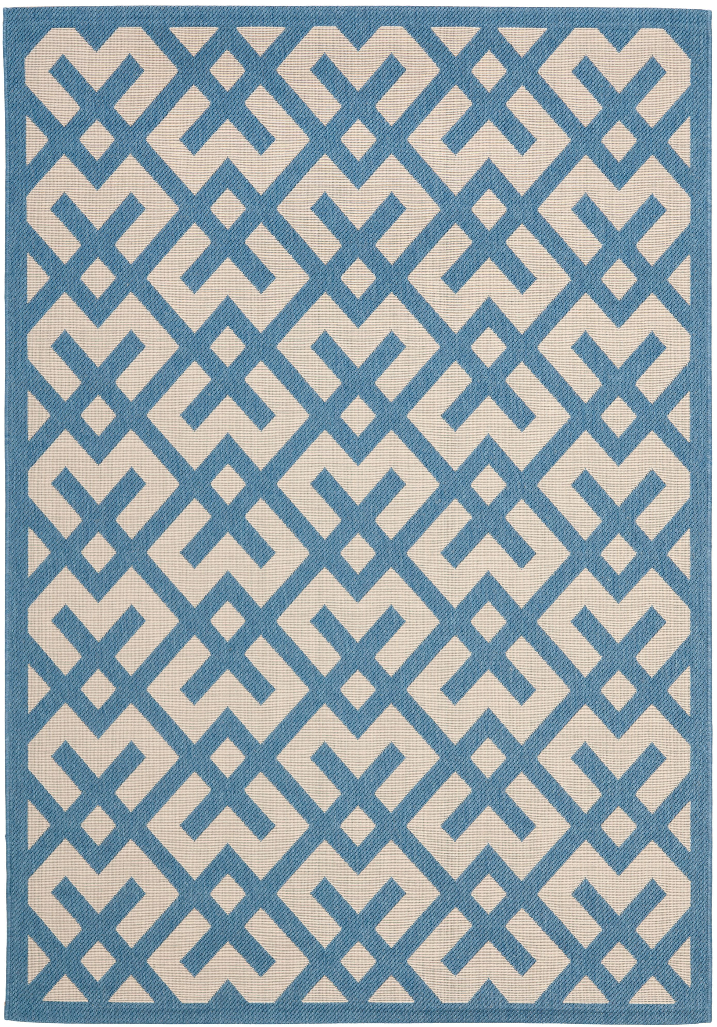 Beige and Blue Geometric Synthetic Indoor/Outdoor Area Rug