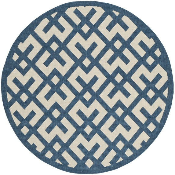 SAFAVIEH Courtyard Alvin Geometric Indoor/Outdoor Area Rug, Navy/Beige, 6'7" x 6'7" Round