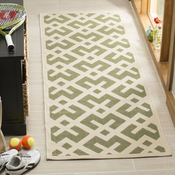 SAFAVIEH Courtyard Alvin Geometric Indoor/Outdoor Runner Rug, 2'3" x 12', Green/Bone