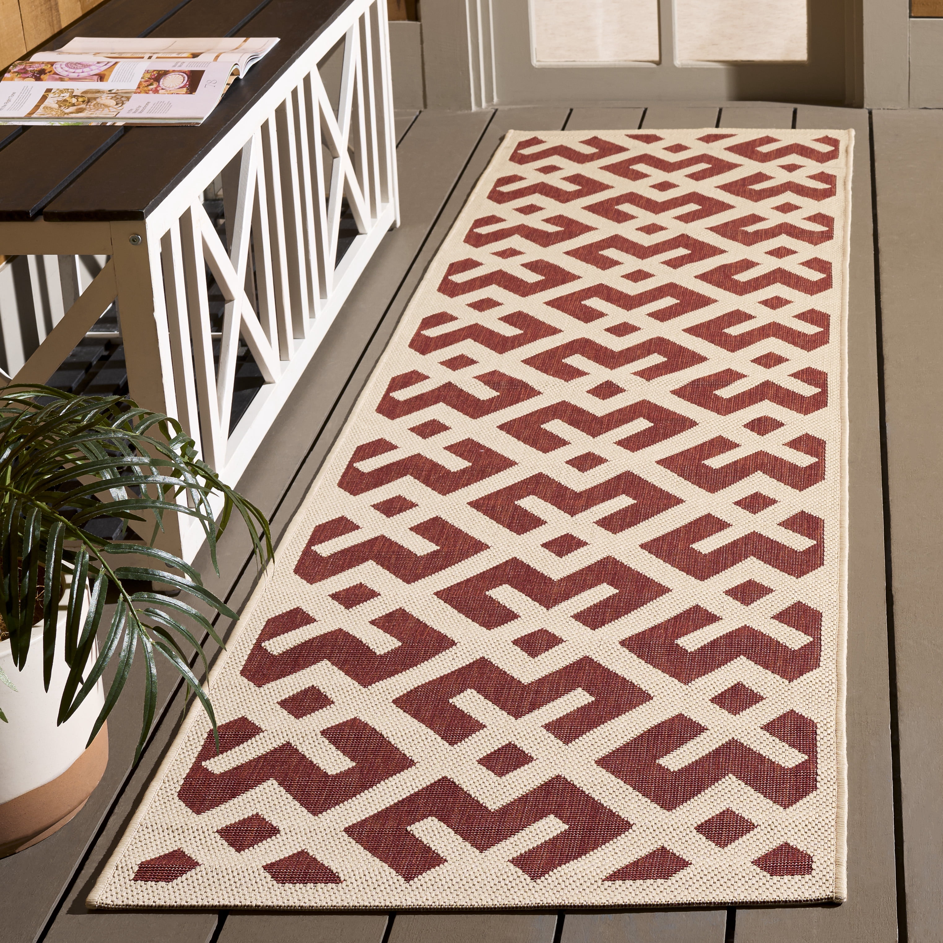 Safavieh Courtyard Alvin Geometric Indoor/Outdoor Runner Rug, Red/Bone, 2'3" x 12'