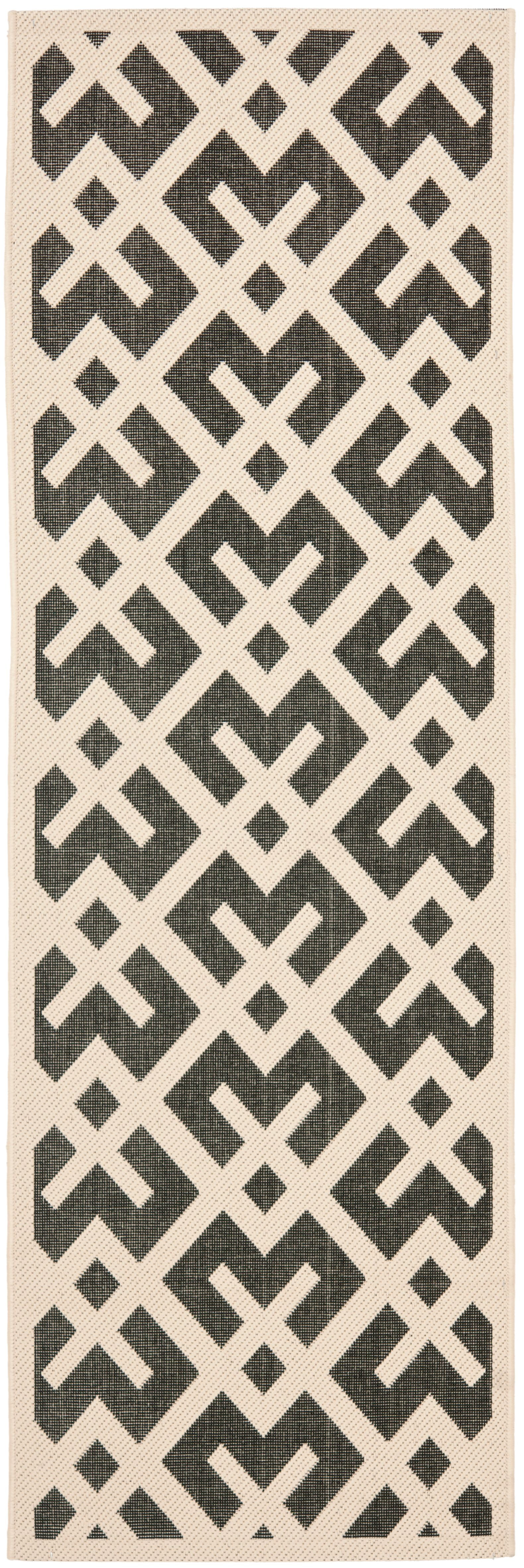 Black and Beige Geometric Synthetic Indoor/Outdoor Rug, 2'-4" x 14'