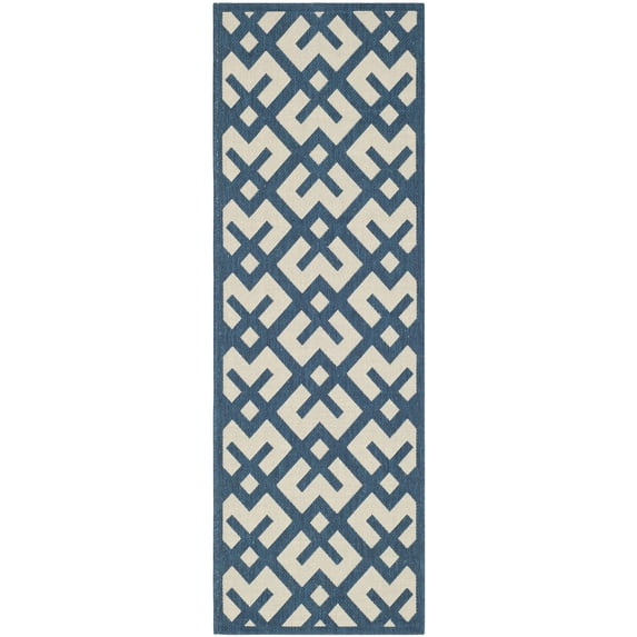 SAFAVIEH Courtyard Alvin Geometric Indoor/Outdoor Runner Rug, Navy/Beige, 2'3" x 6'7"