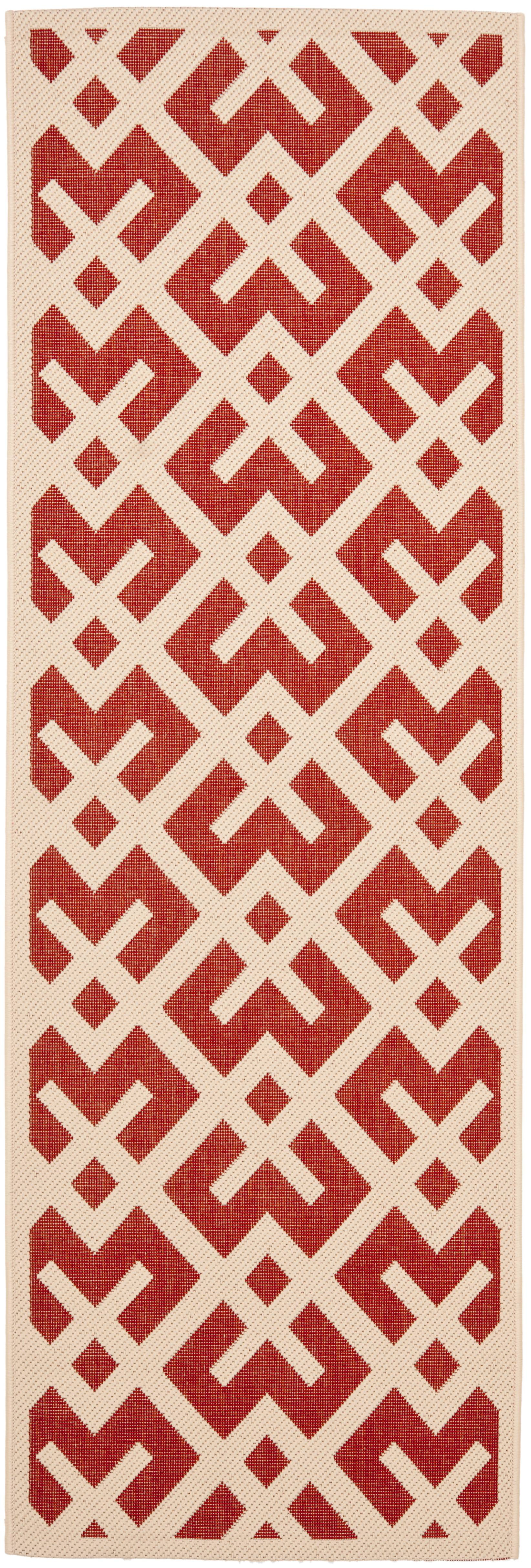 Red and Bone Geometric Low Pile Indoor/Outdoor Runner Rug